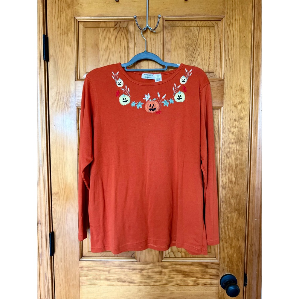 Brunswick Square 2X Halloween Long Sleeve Top Embroidered Pumpkin Orange Vintage